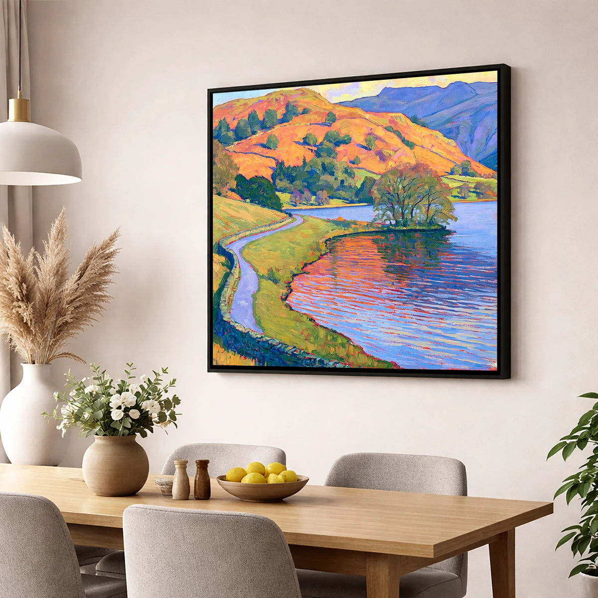 Sunlit Path Beside Rydal Water lake district lake wall art displayed in a dining room