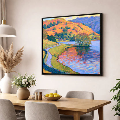 Sunlit Path Beside Rydal Water lake district lake wall art displayed in a dining room