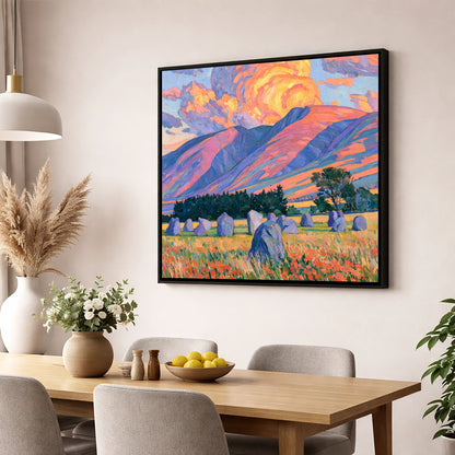 Standing Stones Below Fiery Blencathra lake district fell wall art displayed in a dining room