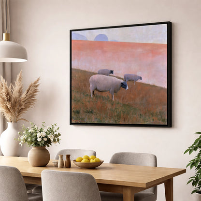 Herdwick Sheep on Pastel Fellside lake district wildlife wall art displayed in a dining room