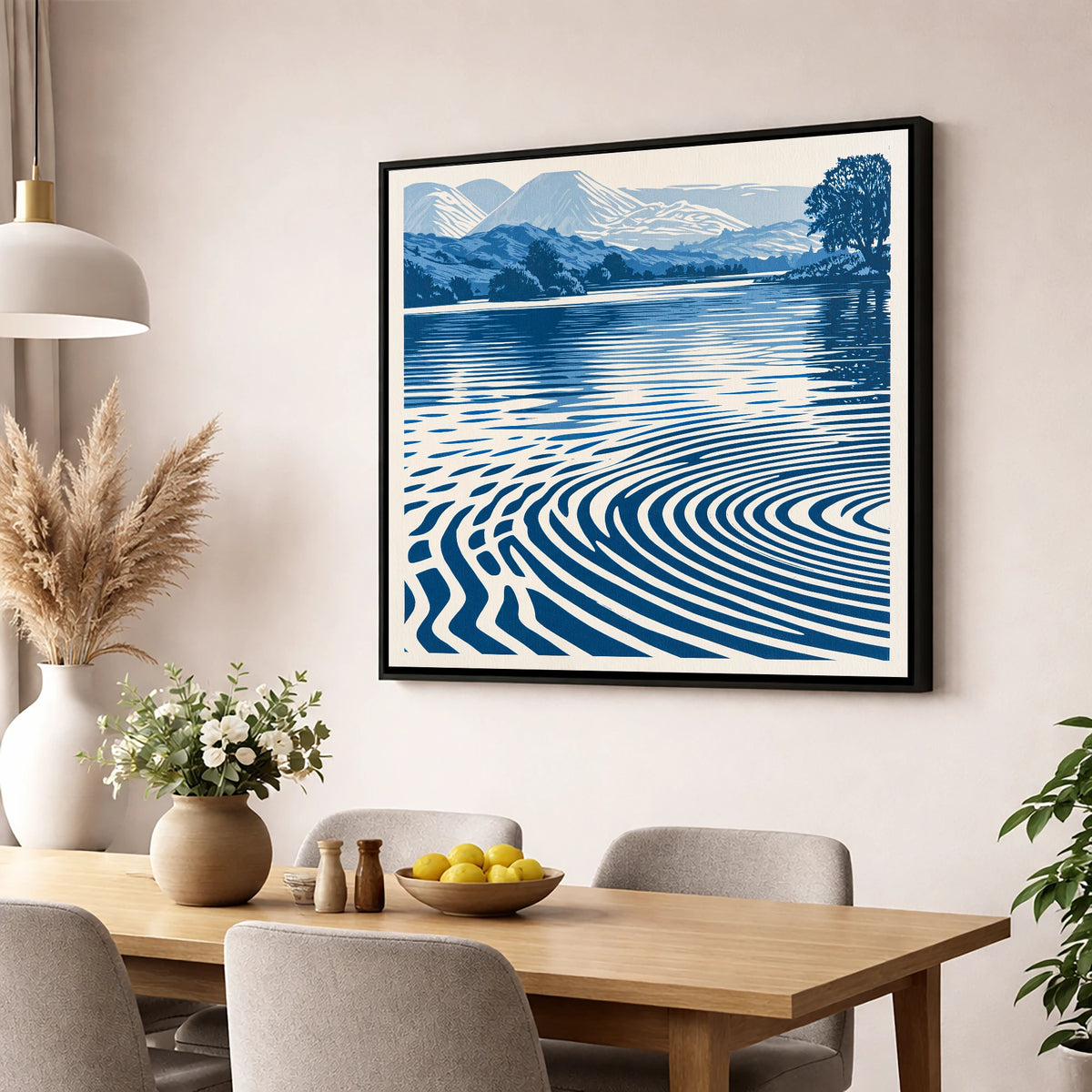 Calm Lake Ripples in Cobalt lake district lake wall art displayed in a dining room