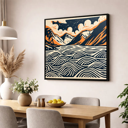 Wastwater in Navy and Terracotta lake district lake wall art displayed in a dining room