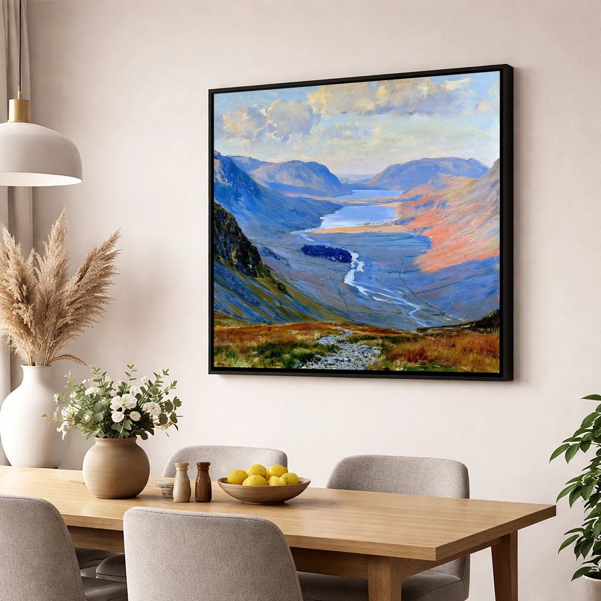 Luminous Valley View from Haystacks lake district fell wall art displayed in a dining room