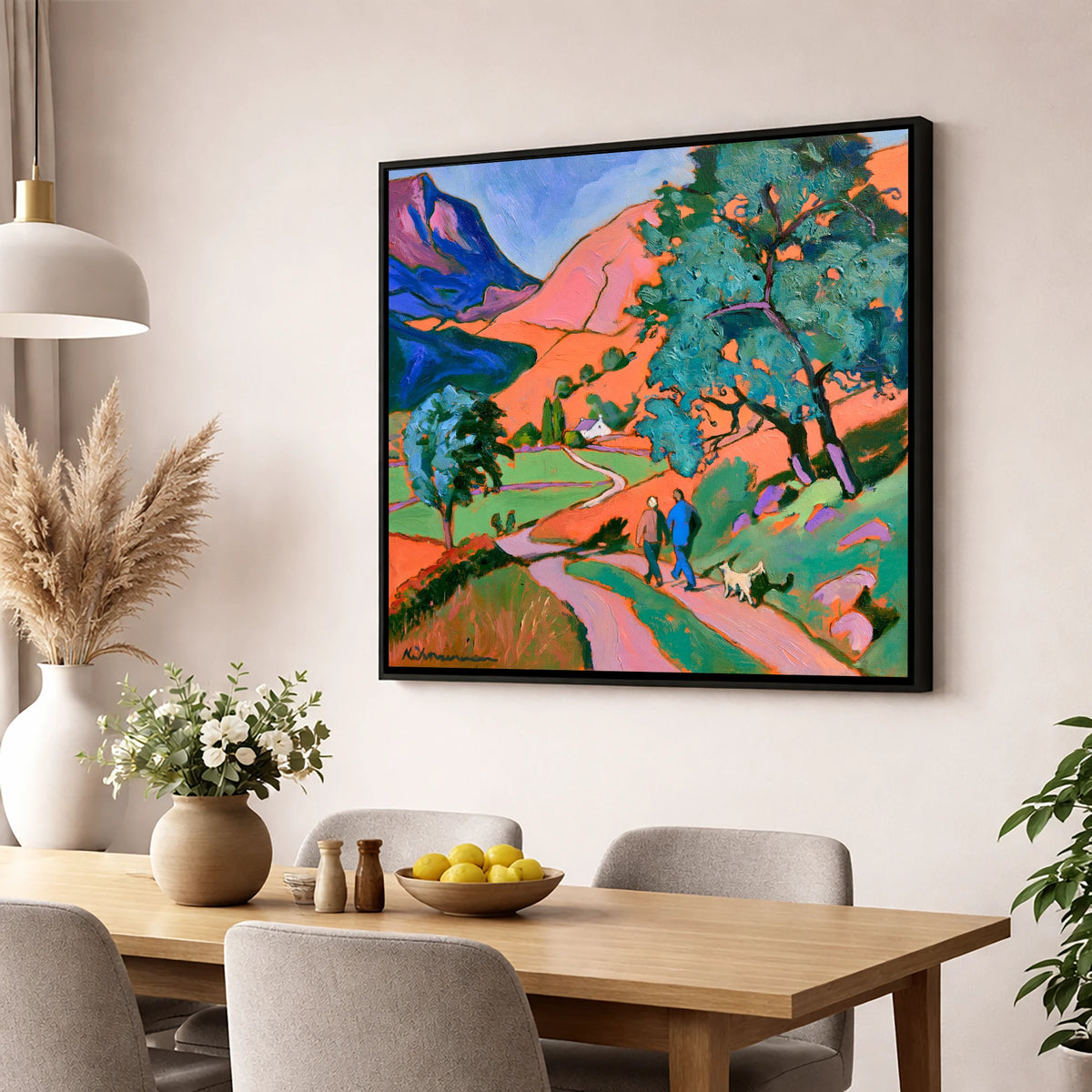 Vibrant Glenridding Dog Walk gifts for dog walkers wall art displayed in a dining room