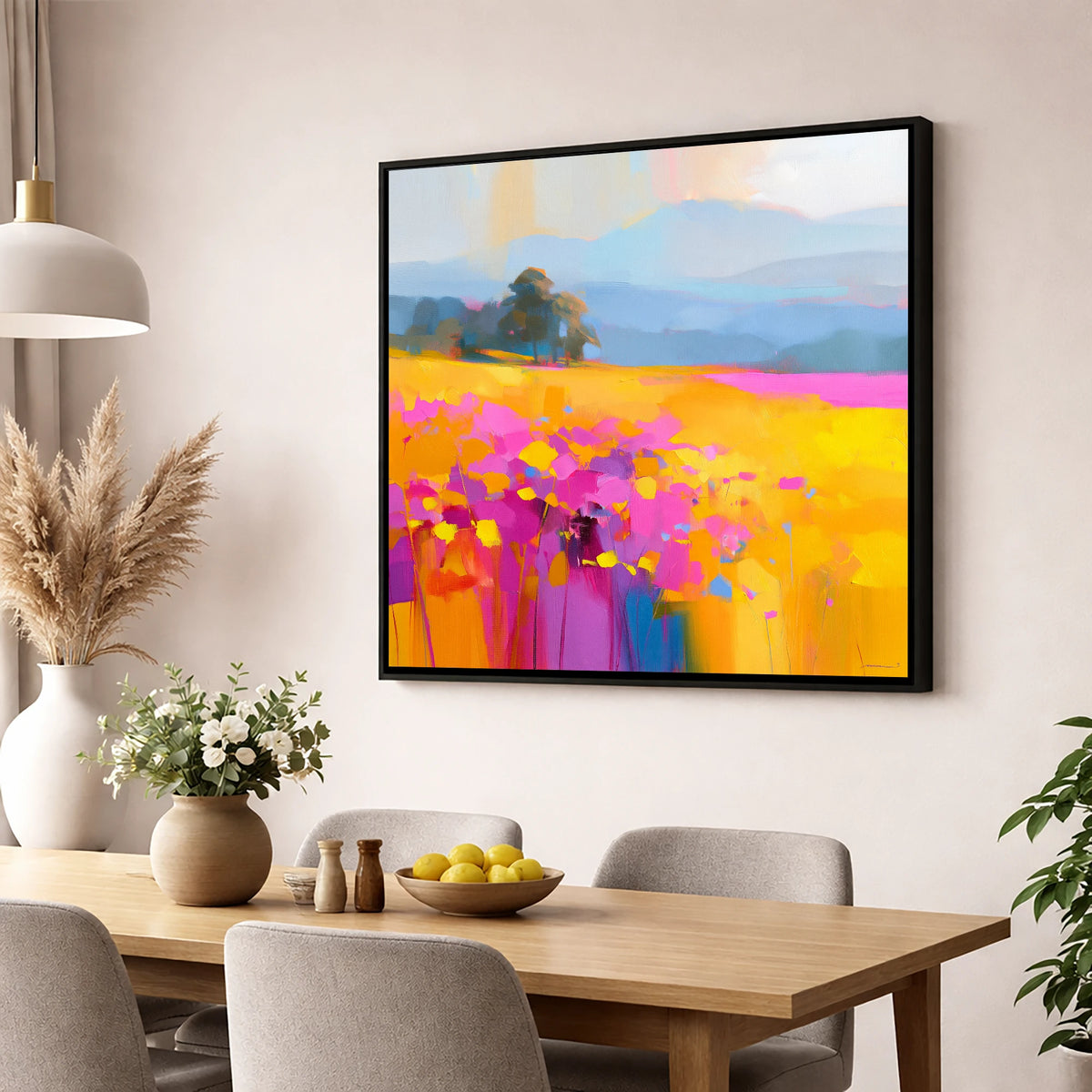Vibrant Upland Hay Meadow lake district wildflower wall art displayed in a dining room