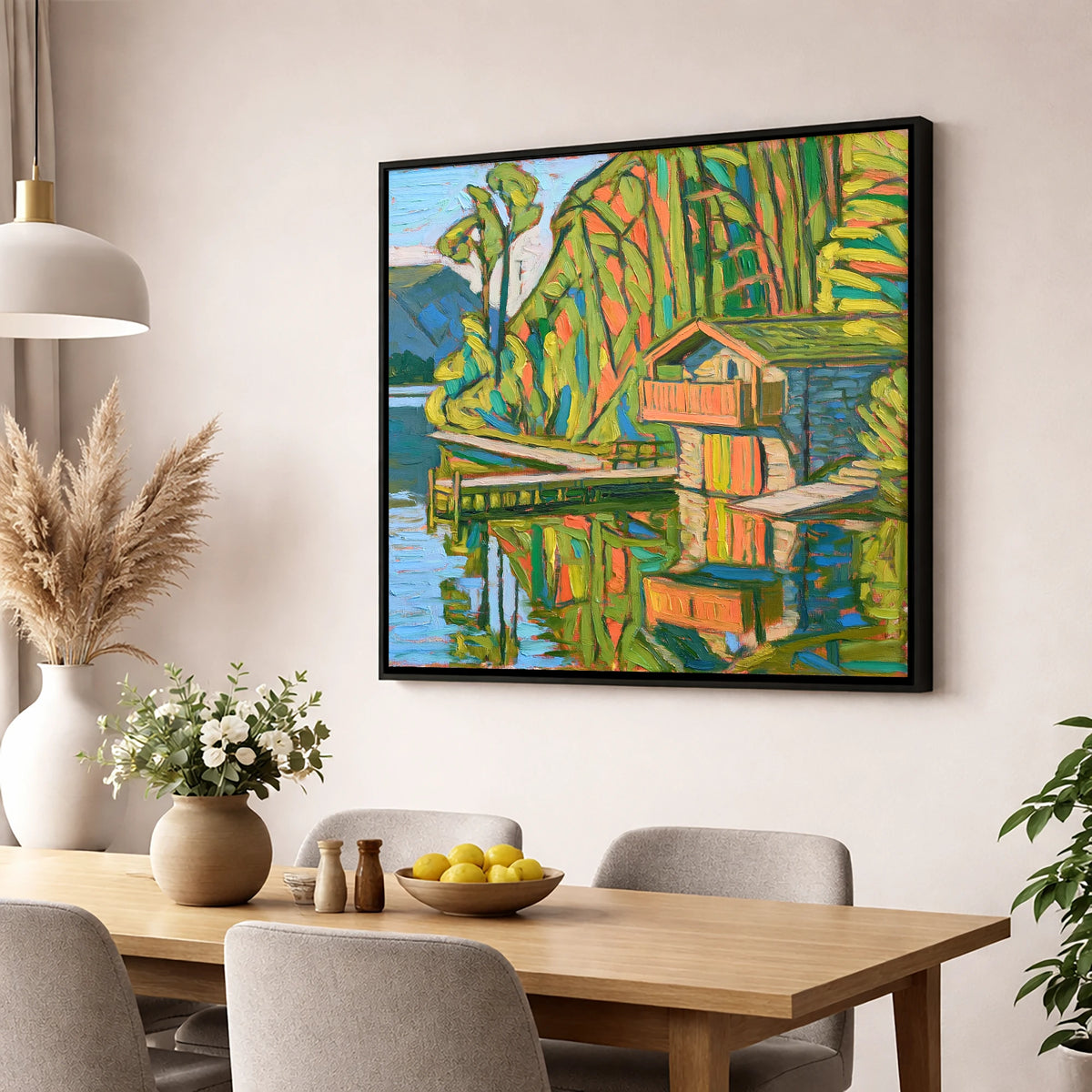 Vivid Pooley Bridge Boathouse lake district village wall art displayed in a dining room