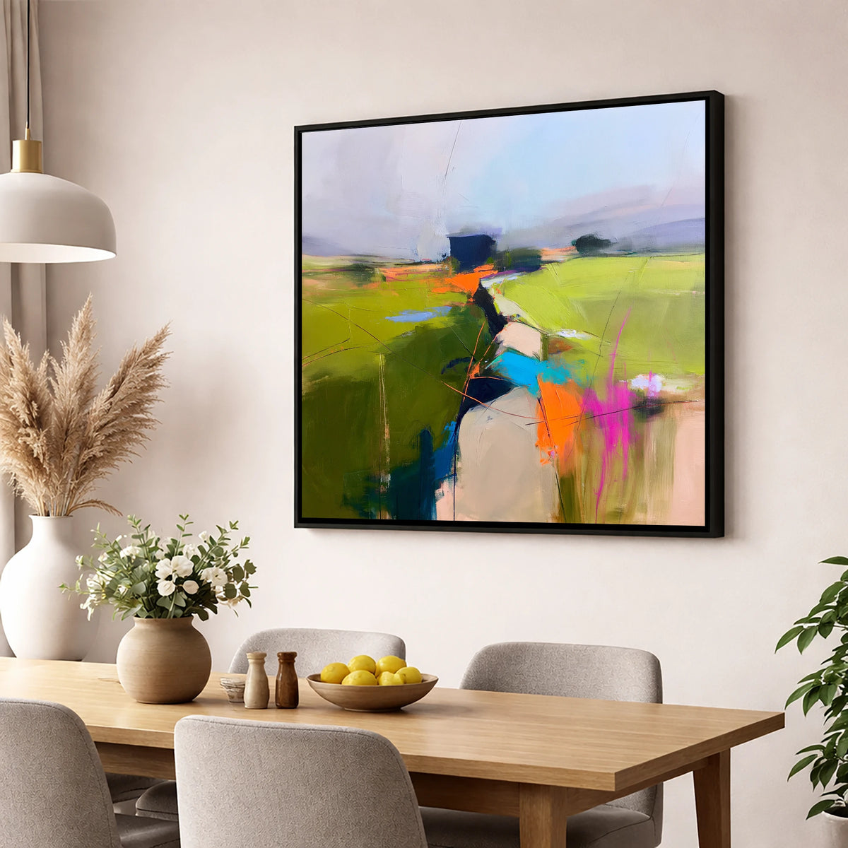 Vivid Valley Drystone Wall lake district valley wall art displayed in a dining room