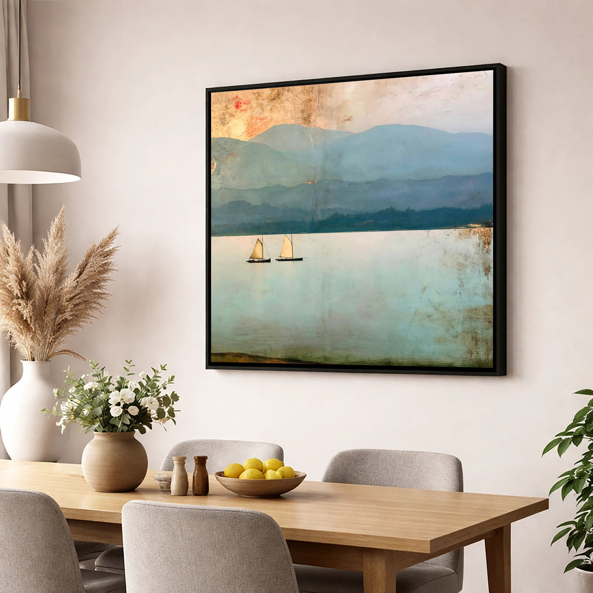 Windermere Sailboats Beneath Ochre Skies lake district lake wall art displayed in a dining room