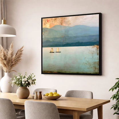 Windermere Sailboats Beneath Ochre Skies lake district lake wall art displayed in a dining room