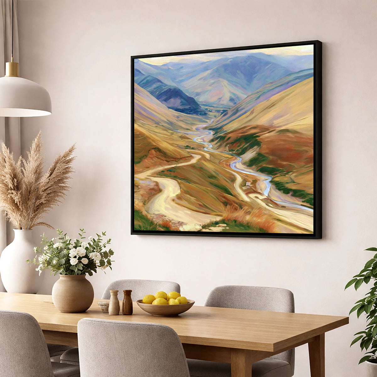 Winding Mountain Pass and Beck lake district valley wall art displayed in a dining room