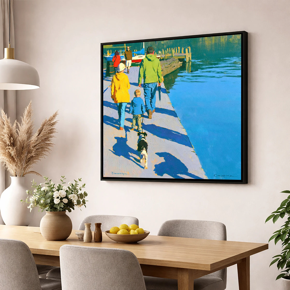 Vibrant Ambleside Family Dog Walk gifts for dog walkers wall art displayed in a dining room