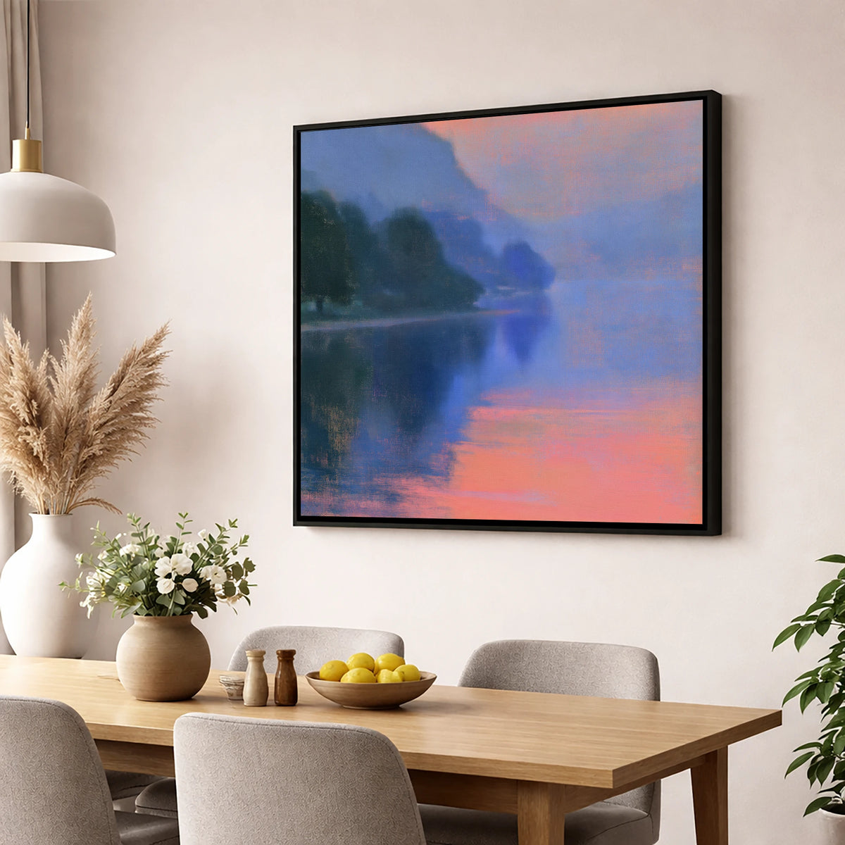 Misty Lake in Peach Light lake district lake wall art displayed in a dining room