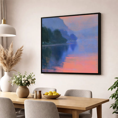 Misty Lake in Peach Light lake district lake wall art displayed in a dining room