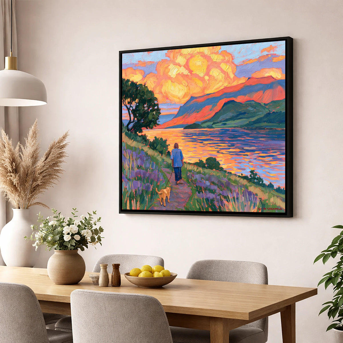 Vibrant Ullswater Evening Dog Walk gifts for dog walkers wall art displayed in a dining room
