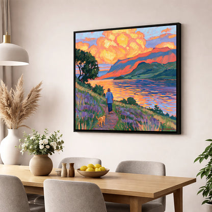 Vibrant Ullswater Evening Dog Walk gifts for dog walkers wall art displayed in a dining room