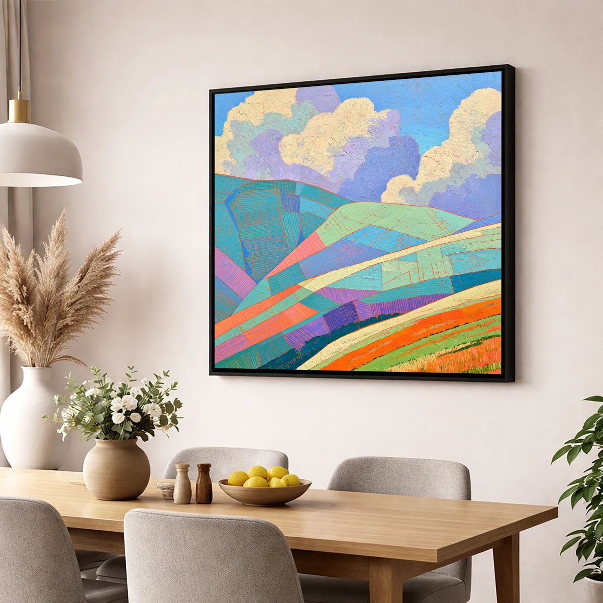 Geometric Fells Under Storm Clouds lake district sky wall art displayed in a dining room