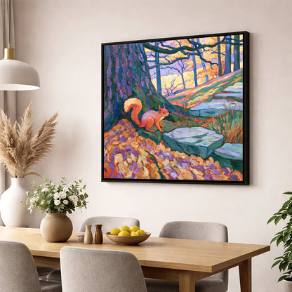 Red Squirrel in Vibrant Woodland lake district wildlife wall art displayed in a dining room