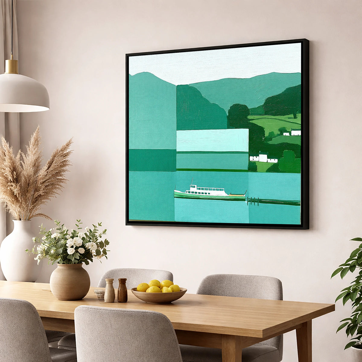 Geometric Ullswater Steamer at Glenridding lake district village wall art displayed in a dining room