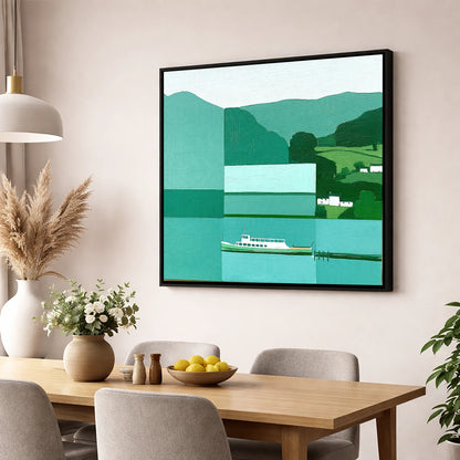 Geometric Ullswater Steamer at Glenridding lake district village wall art displayed in a dining room