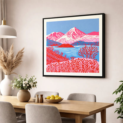 Vibrant Red Catbells Landscape lake district fell wall art displayed in a dining room