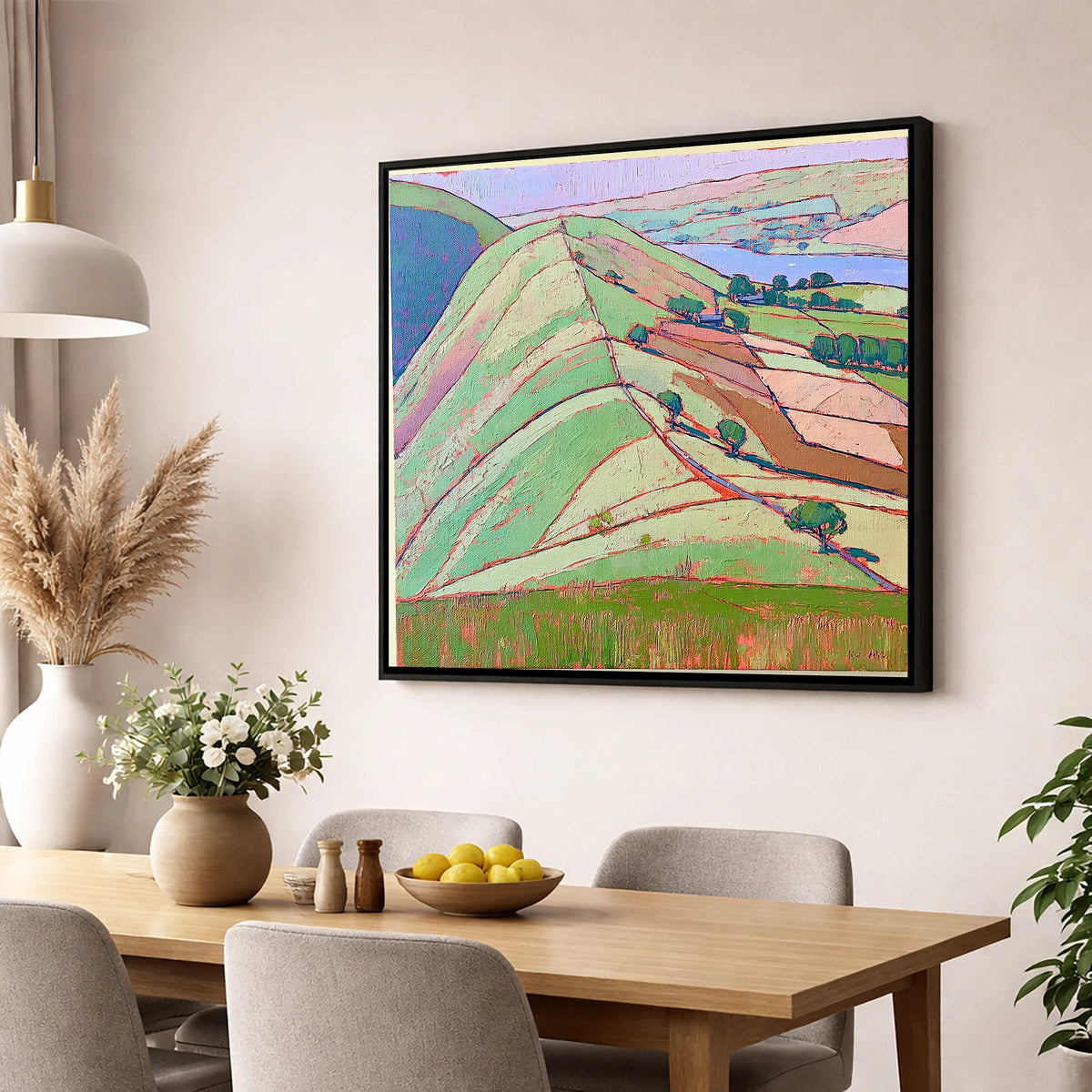 Vibrant Beda Fell Above Patterdale lake district village wall art displayed in a dining room
