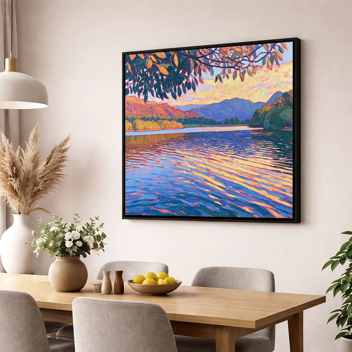 Golden Ripples on Esthwaite Water lake district village wall art displayed in a dining room