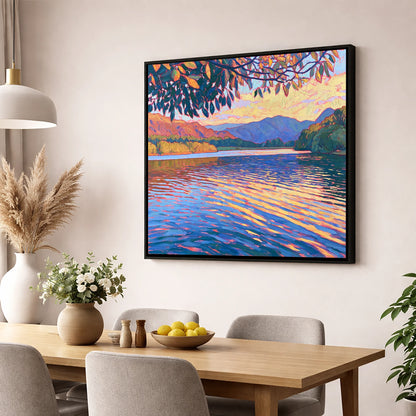 Golden Ripples on Esthwaite Water lake district village wall art displayed in a dining room