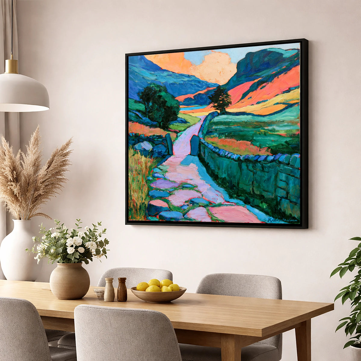 Vibrant Valley Path and Drystone Wall lake district valley wall art displayed in a dining room