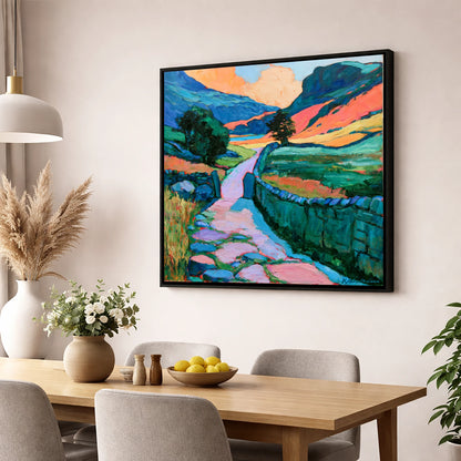 Vibrant Valley Path and Drystone Wall lake district valley wall art displayed in a dining room