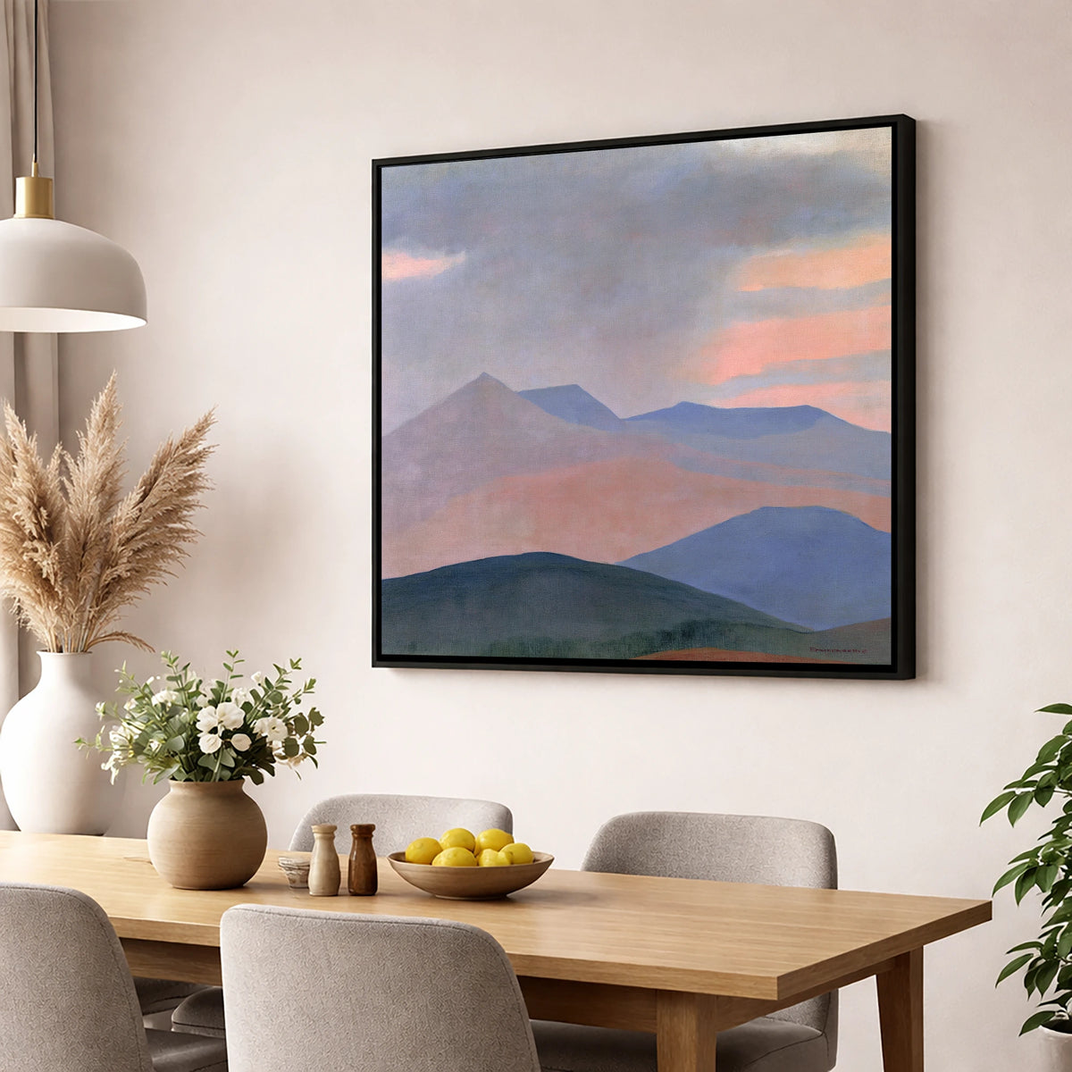 Storm Clouds Over Pastel Fells lake district sky wall art displayed in a dining room