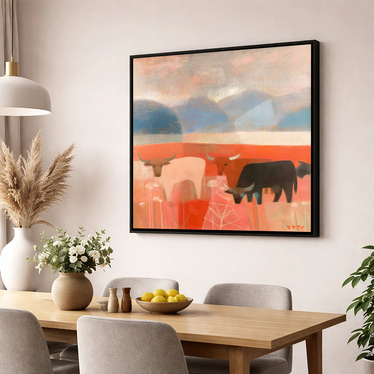 Highland Cattle against Slate Fells lake district wildlife wall art displayed in a dining room