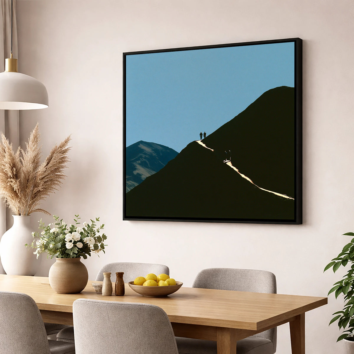Walkers on a Sunlit Mountain Path lake district walking wall art displayed in a dining room