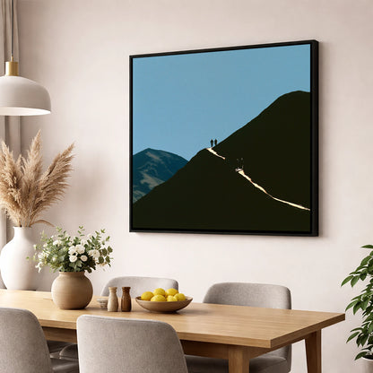 Walkers on a Sunlit Mountain Path lake district walking wall art displayed in a dining room