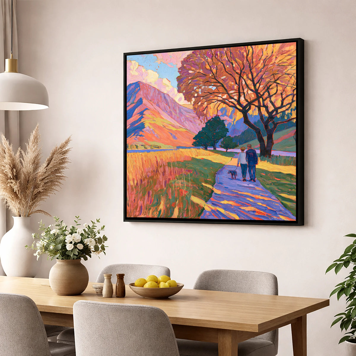 Autumn Dog Walk at Buttermere gifts for dog walkers wall art displayed in a dining room