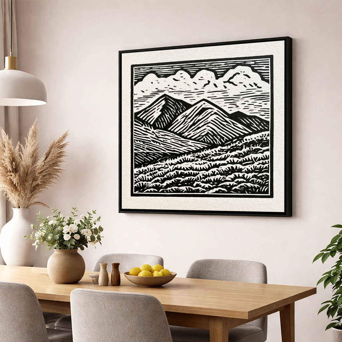 Monochrome Rolling Fells Under Cloud lake district fell wall art displayed in a dining room