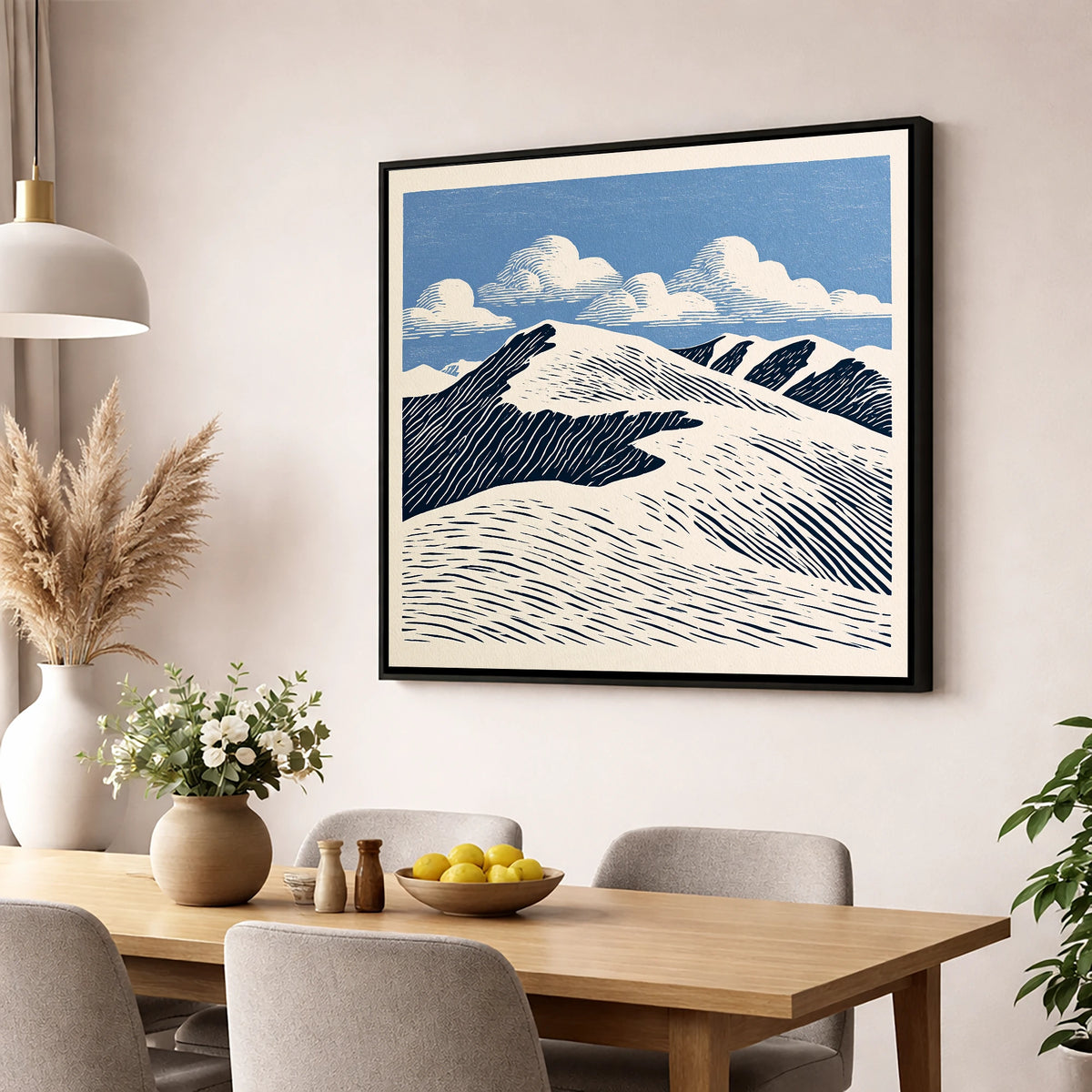 Graphic Helvellyn Ridge in Navy lake district fell wall art displayed in a dining room
