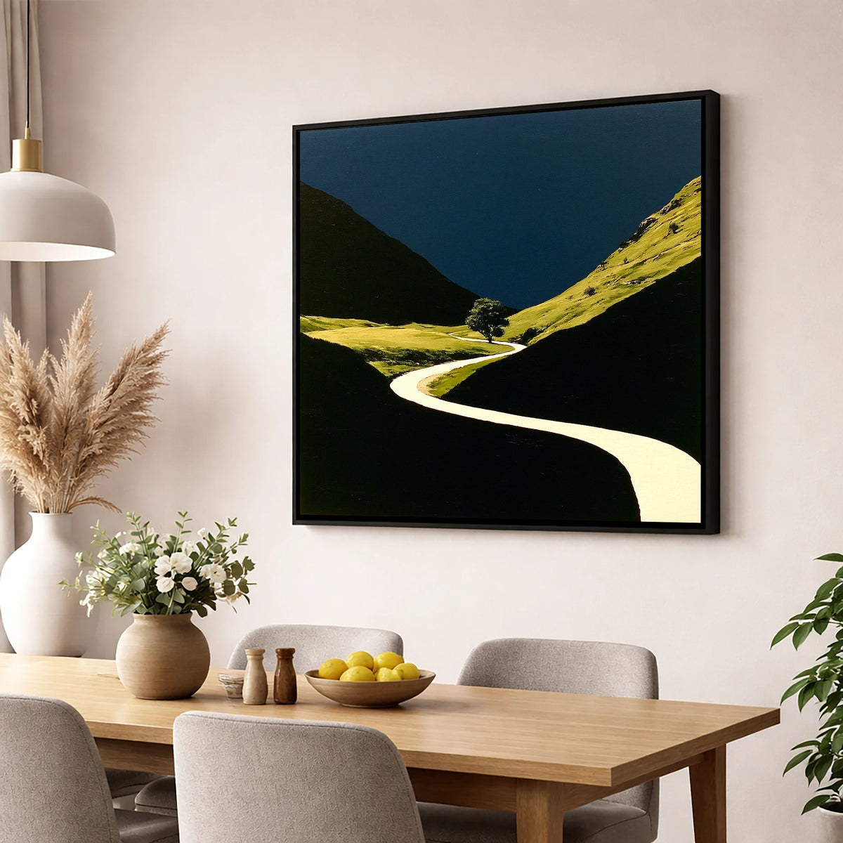 Winding River Through Dark Valley lake district waterfall wall art displayed in a dining room