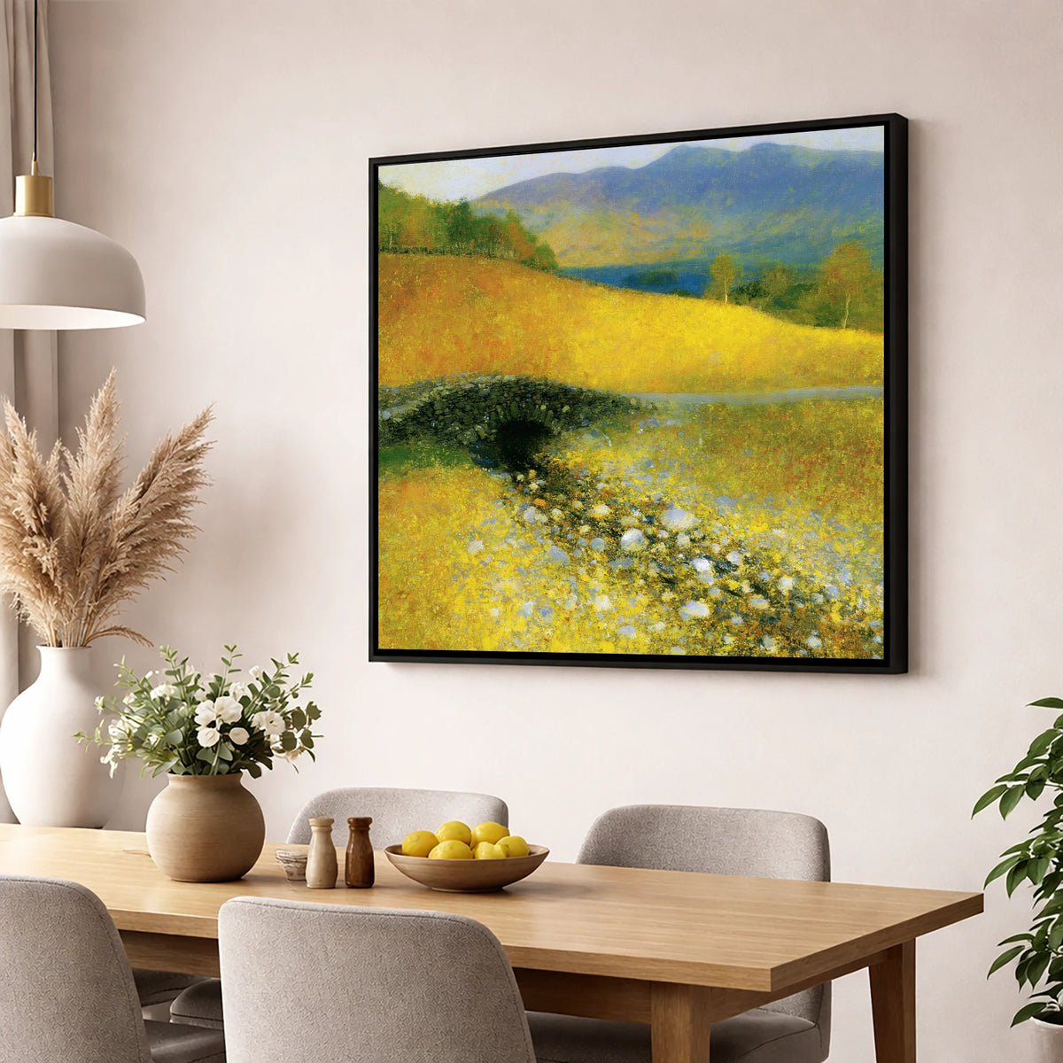 Golden Light Over Ashness Bridge lake district waterfall wall art displayed in a dining room