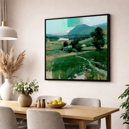 Neon Sunrise Over Lakeland Valley lake district lake wall art displayed in a dining room
