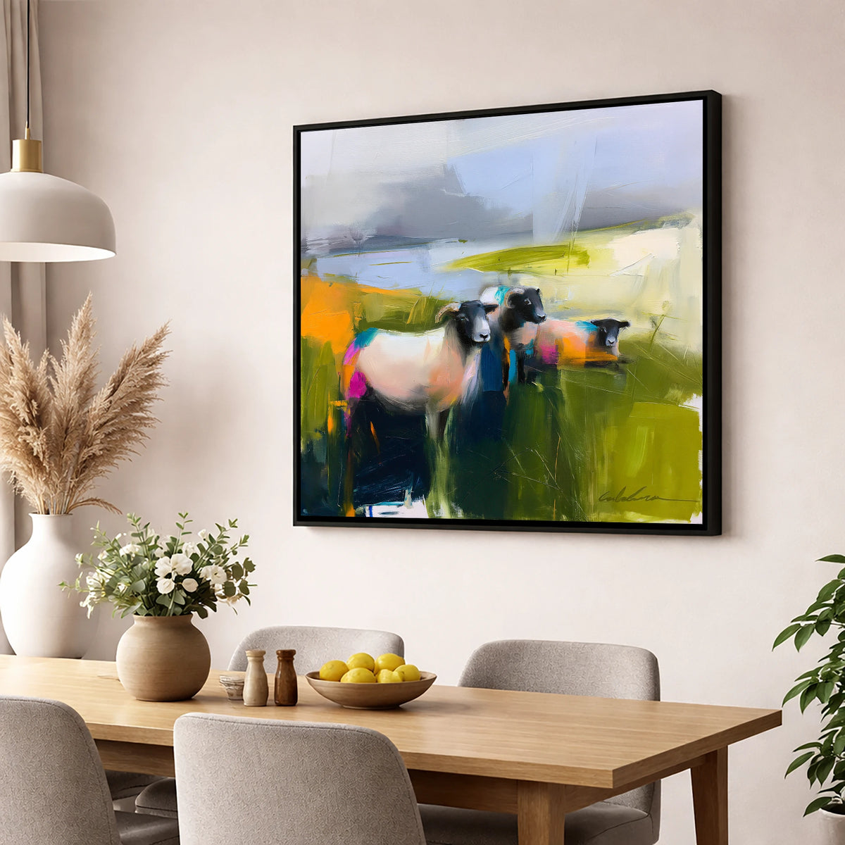 Vibrant Herdwick Sheep on Fellside lake district wildlife wall art displayed in a dining room