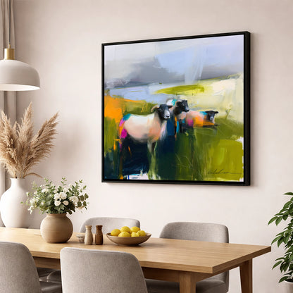Vibrant Herdwick Sheep on Fellside lake district wildlife wall art displayed in a dining room
