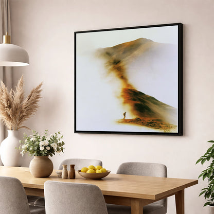 Lone Hiker in Copper Mist lake district walking wall art displayed in a dining room