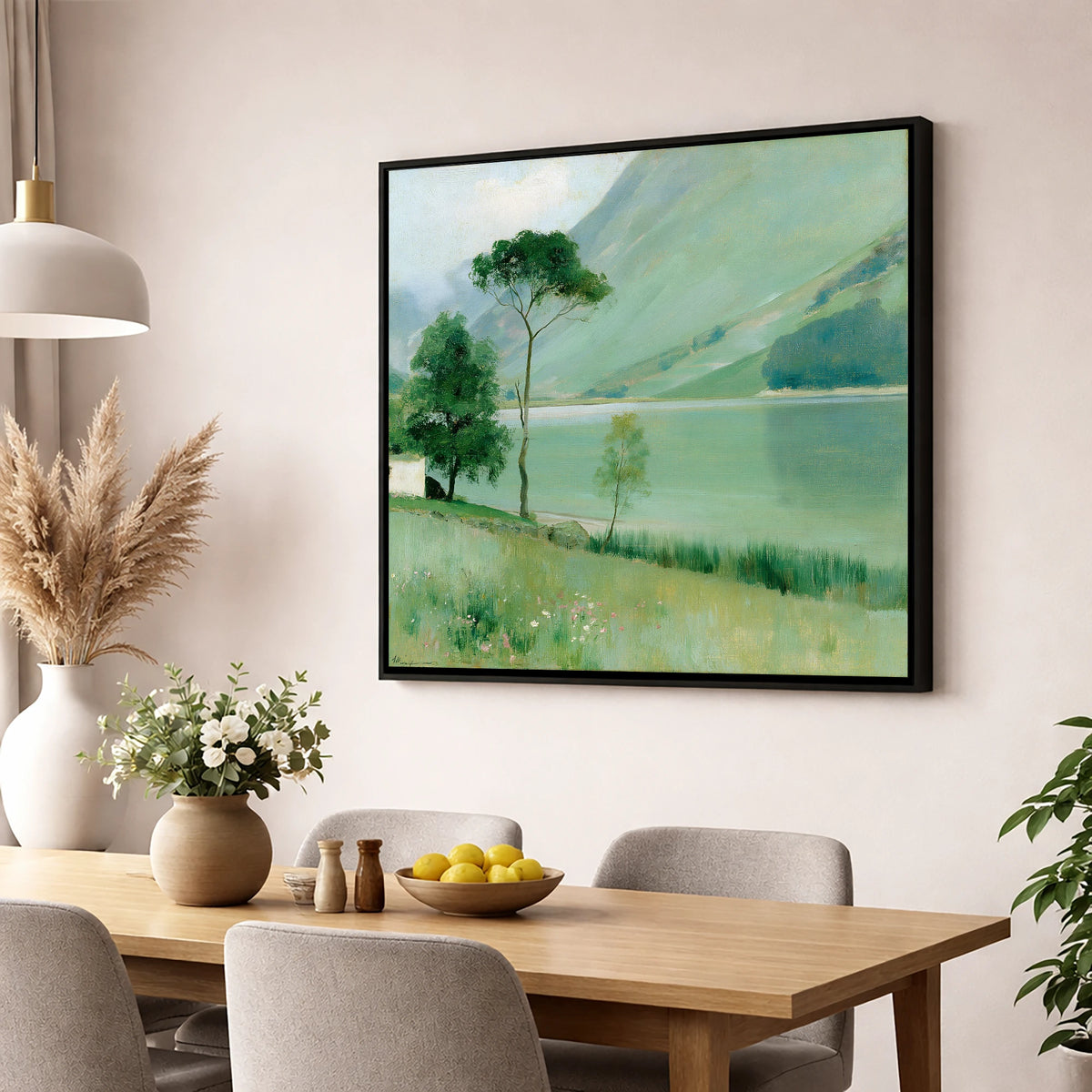 Buttermere in Soft Sage Green lake district lake wall art displayed in a dining room
