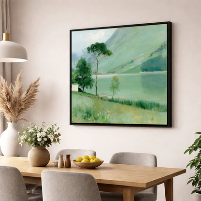 Buttermere in Soft Sage Green lake district lake wall art displayed in a dining room