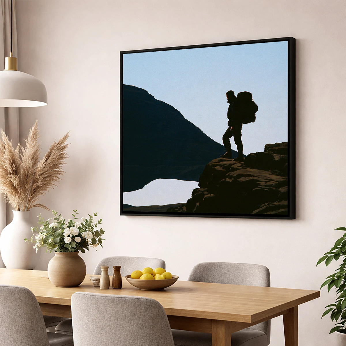 Helvellyn Walker in Silhouette lake district fell wall art displayed in a dining room
