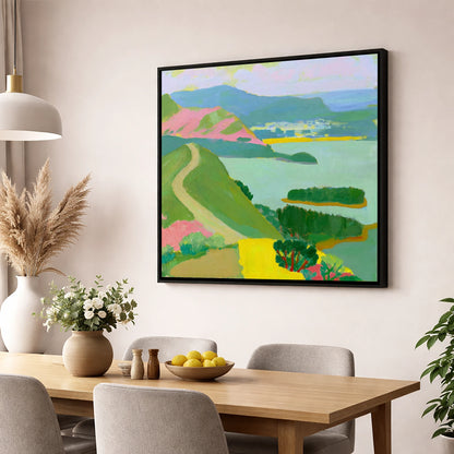 Colourful Cat Bells Above Derwentwater lake district fell wall art displayed in a dining room