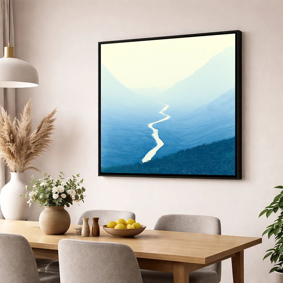 Blue Valley Winding River lake district waterfall wall art displayed in a dining room