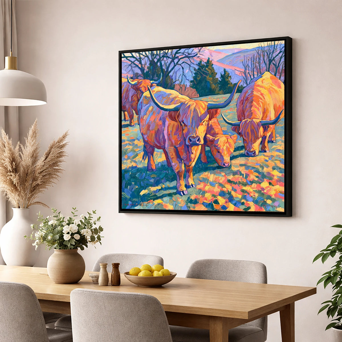 Highland Cattle in Golden Fell Light lake district wildlife wall art displayed in a dining room