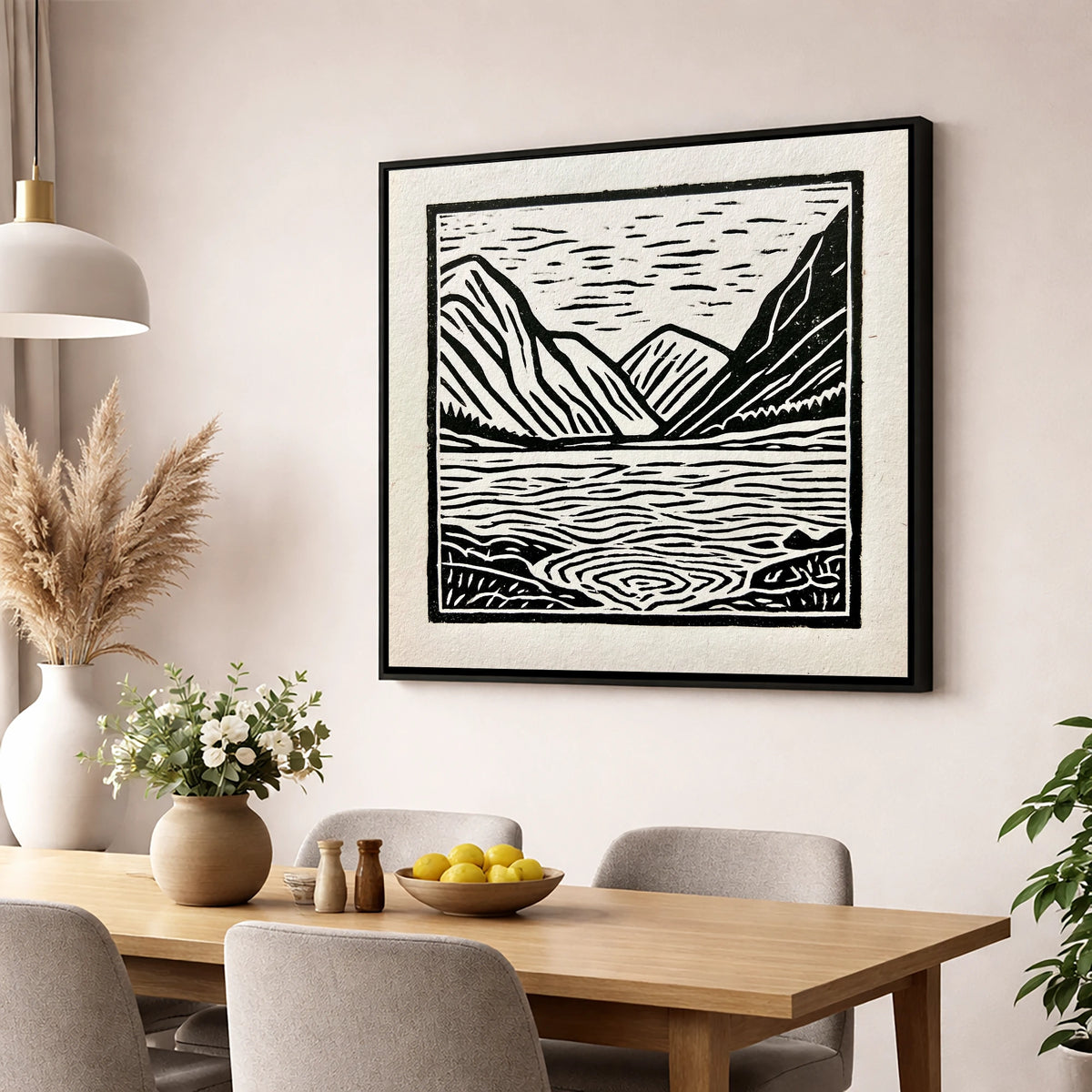 Graphic Ennerdale Water and Fells lake district valley wall art displayed in a dining room