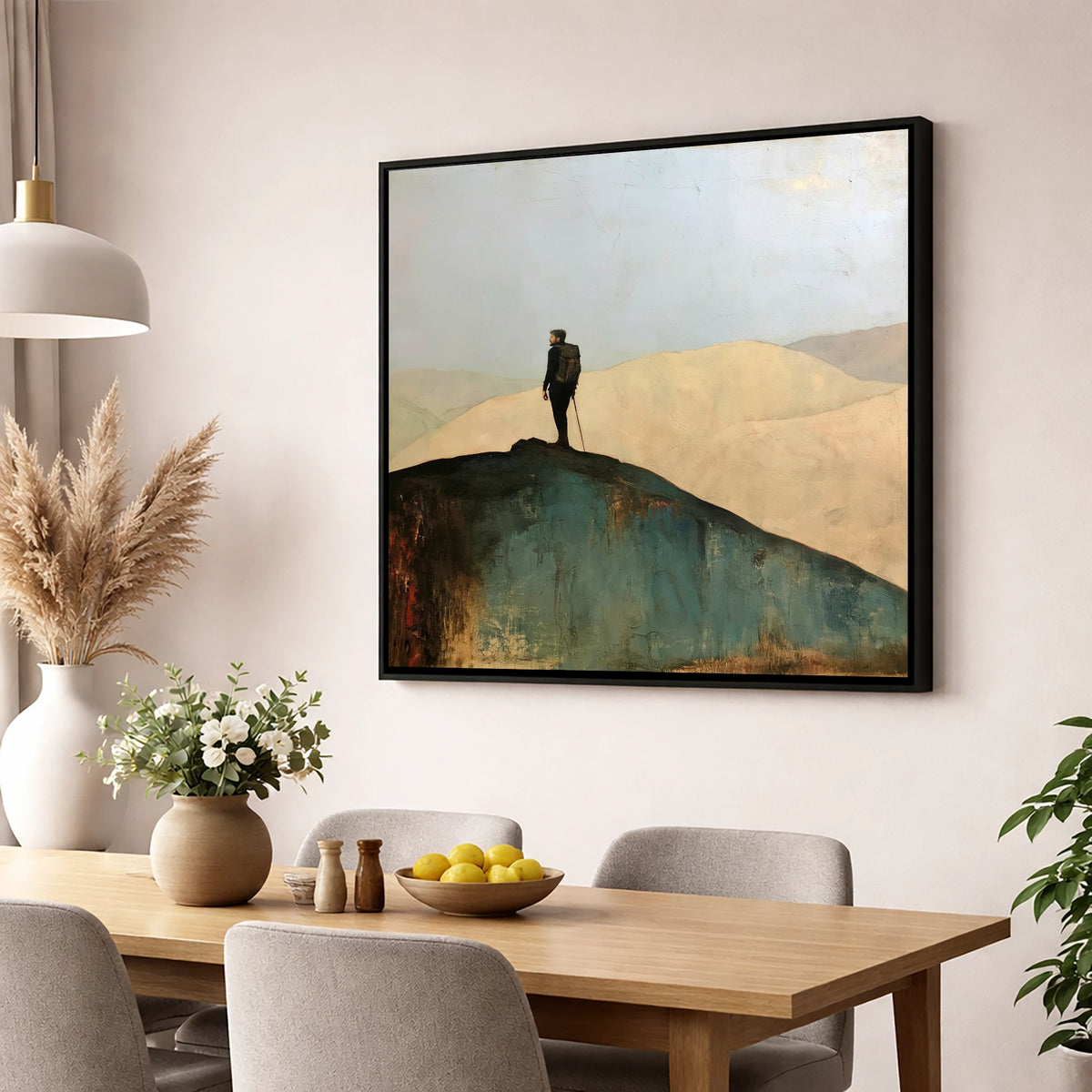 Fell Walker on Dark Ridge lake district walking wall art displayed in a dining room